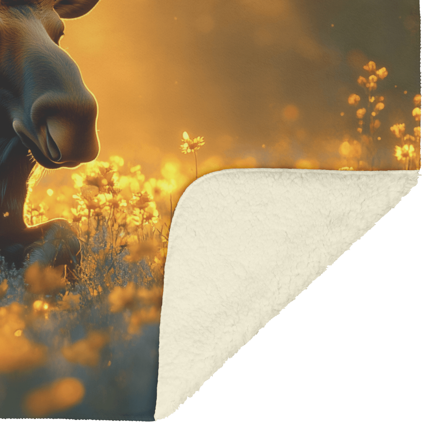 Moose Resting in Meadow of Glowing Wildflowers Surrounded by Golden Mist With Sunlight Illuminating Antlers Fleece Sherpa Blanket - Awakening Righteousness