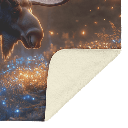Moose Standing on Mossy Forest Trail Surrounded by Bioluminescent Plants and Fireflies Under Twilight Sky Fleece Sherpa Blanket - Awakening Righteousness
