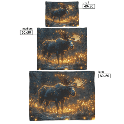 Moose Standing on Mossy Forest Trail Surrounded by Bioluminescent Plants and Fireflies Under Twilight Sky Fleece Sherpa Blanket - Awakening Righteousness