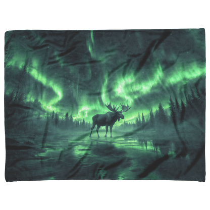 Moose Walking Across Frozen Lake Under Glowing Aurora Borealis Sky With Antler Reflections on Icy Surface Fleece Sherpa Blanket - Awakening Righteousness