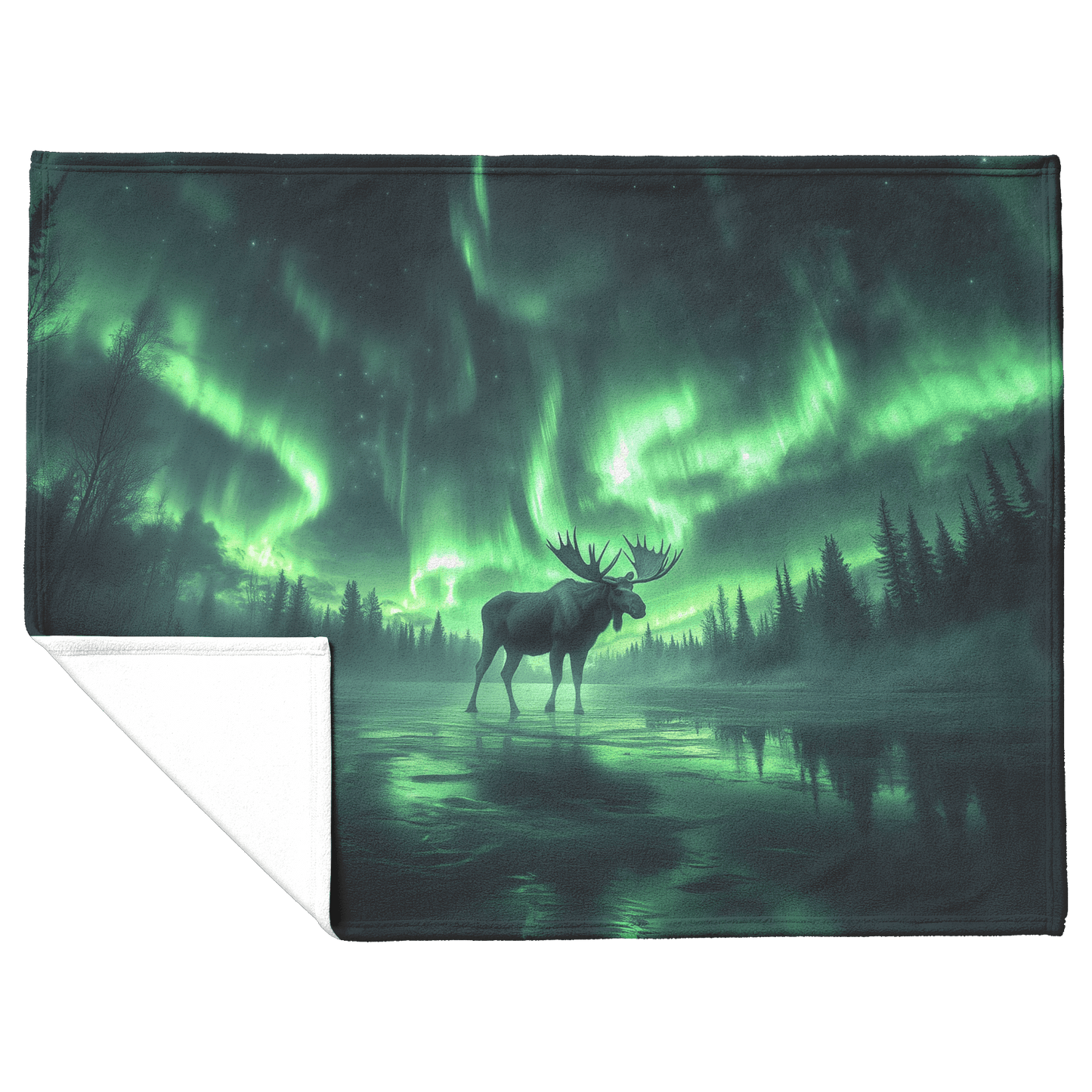 Moose Walking Across Frozen Lake Under Glowing Aurora Borealis Sky With Antler Reflections on Icy Surface Fleece Sherpa Blanket - Awakening Righteousness