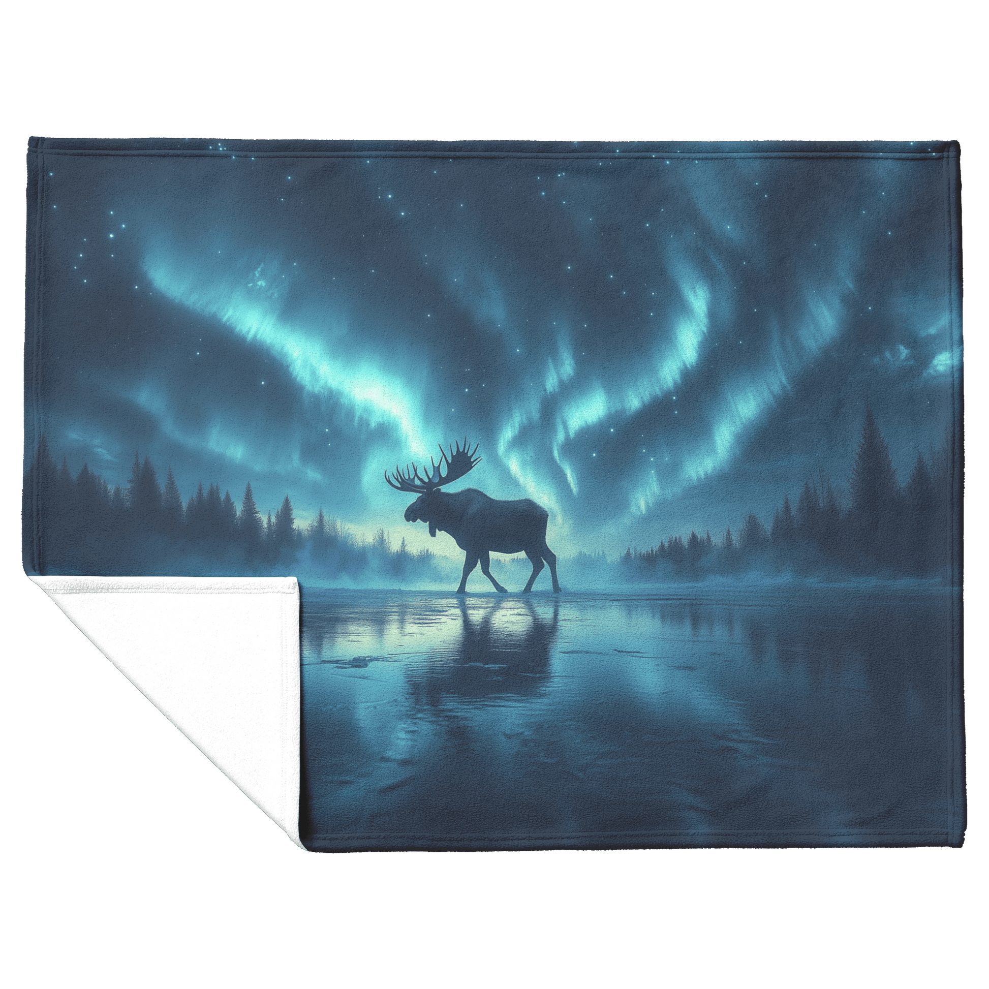 Moose Walking Across Frozen Lake Under Glowing Aurora Borealis With Antler Reflections on Icy Surface Fleece Sherpa Blanket - Awakening Righteousness