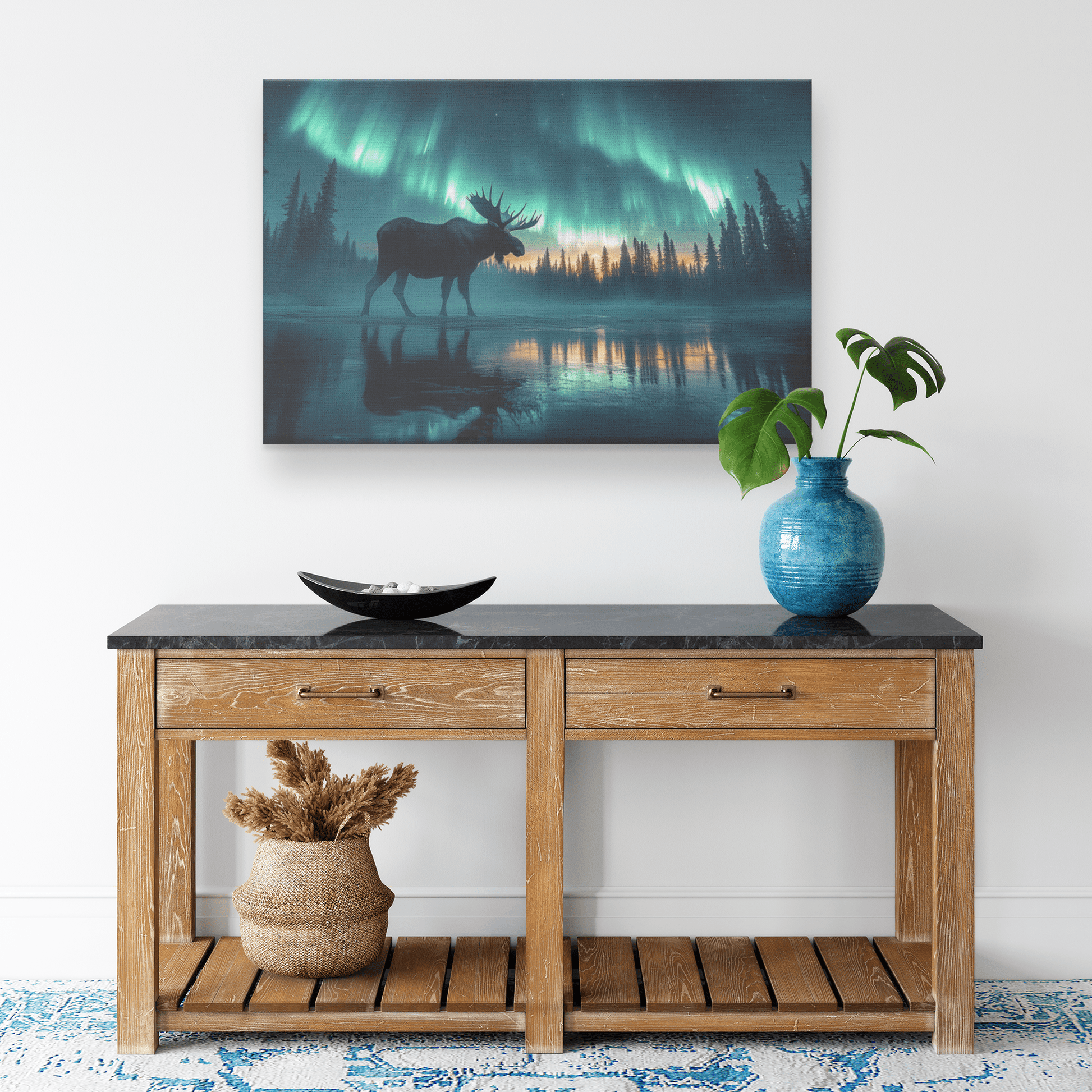 Moose Walking Across Frozen Lake With Aurora Borealis Sky And Antler Reflections On Icy Surface Canvas Wall Art Decor - Awakening Righteousness