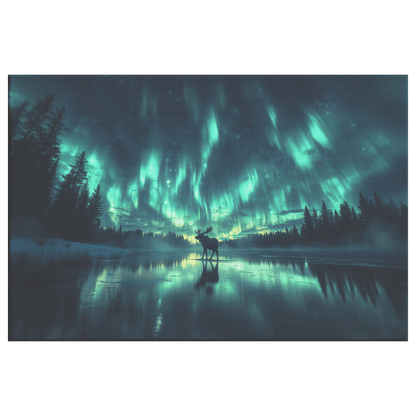 Moose Walking On Frozen Lake With Aurora Borealis Sky And Antler Reflections On Icy Surface Canvas Wall Art Decor - Awakening Righteousness
