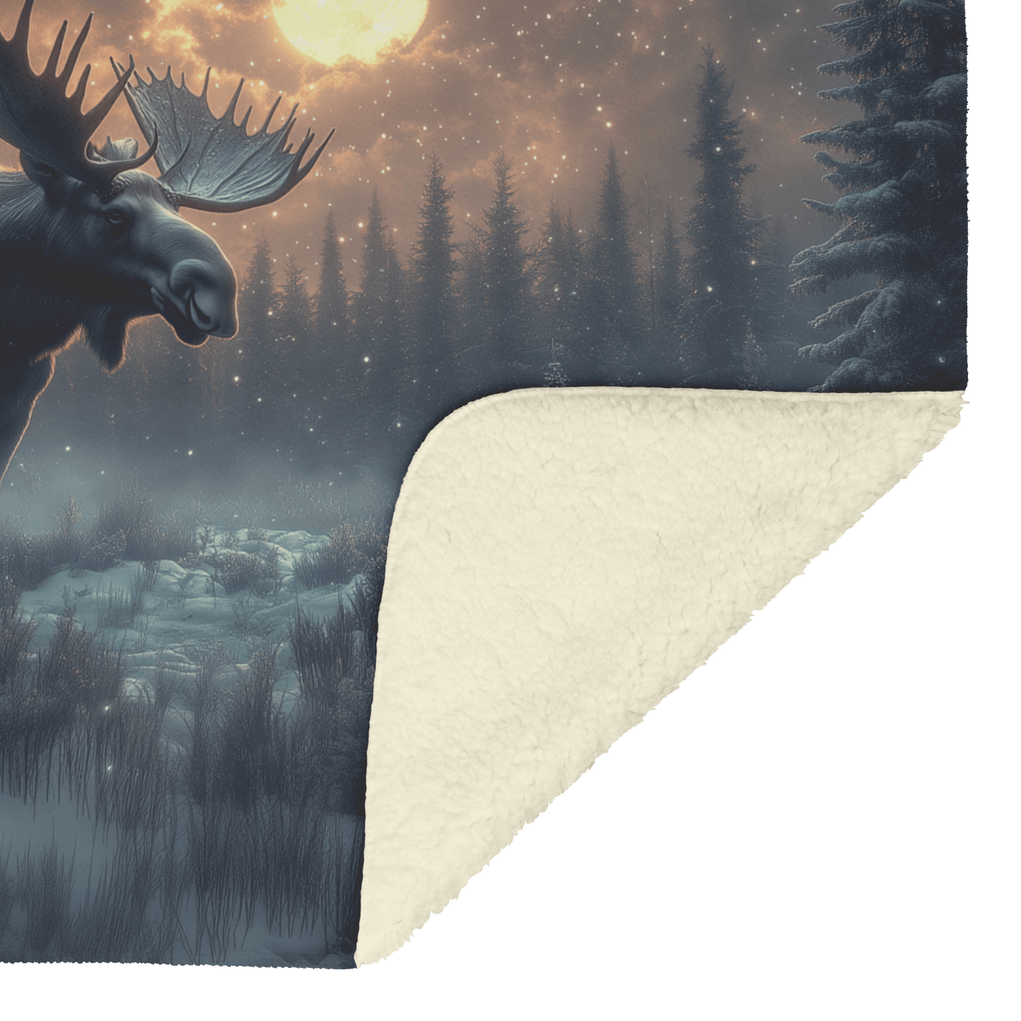 Moose Walking Through Glowing Snowy Forest Surrounded by Frost Covered Trees Under Soft Moonlight Fleece Sherpa Blanket - Awakening Righteousness