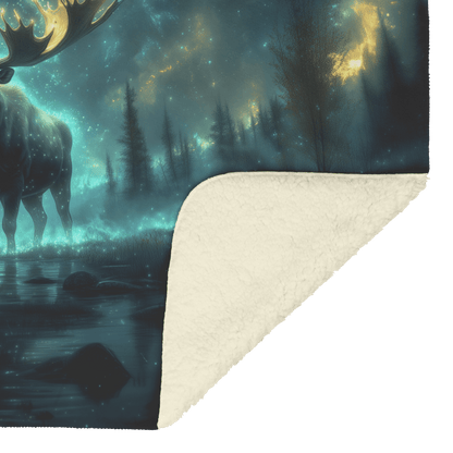 Moose With Massive Glowing Antlers Standing in Bioluminescent Forest Surrounded by Blue and Green Light Fleece Sherpa Blanket - Awakening Righteousness