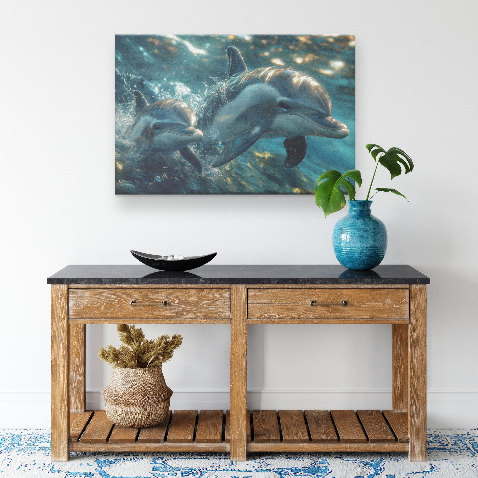 Mother Dolphin and Calf Splashing Together Canvas Art Playful, Shiny Fur Under Sunlight - Awakening Righteousness