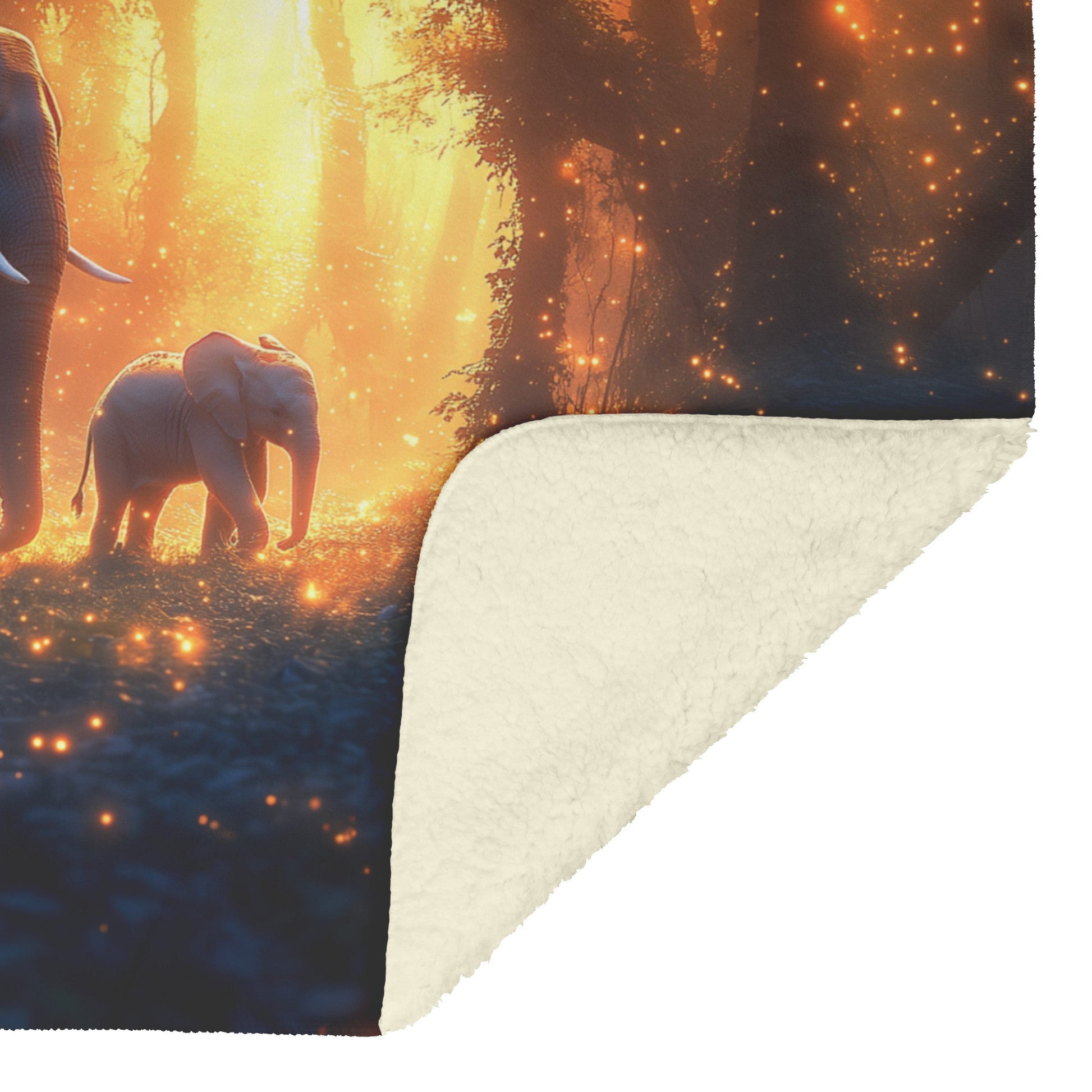 Mother Elephant Leading Baby Through Magical Glowing Forest Bioluminescent Plants Shimmering Fireflies Fleece Sherpa Blanket - Awakening Righteousness