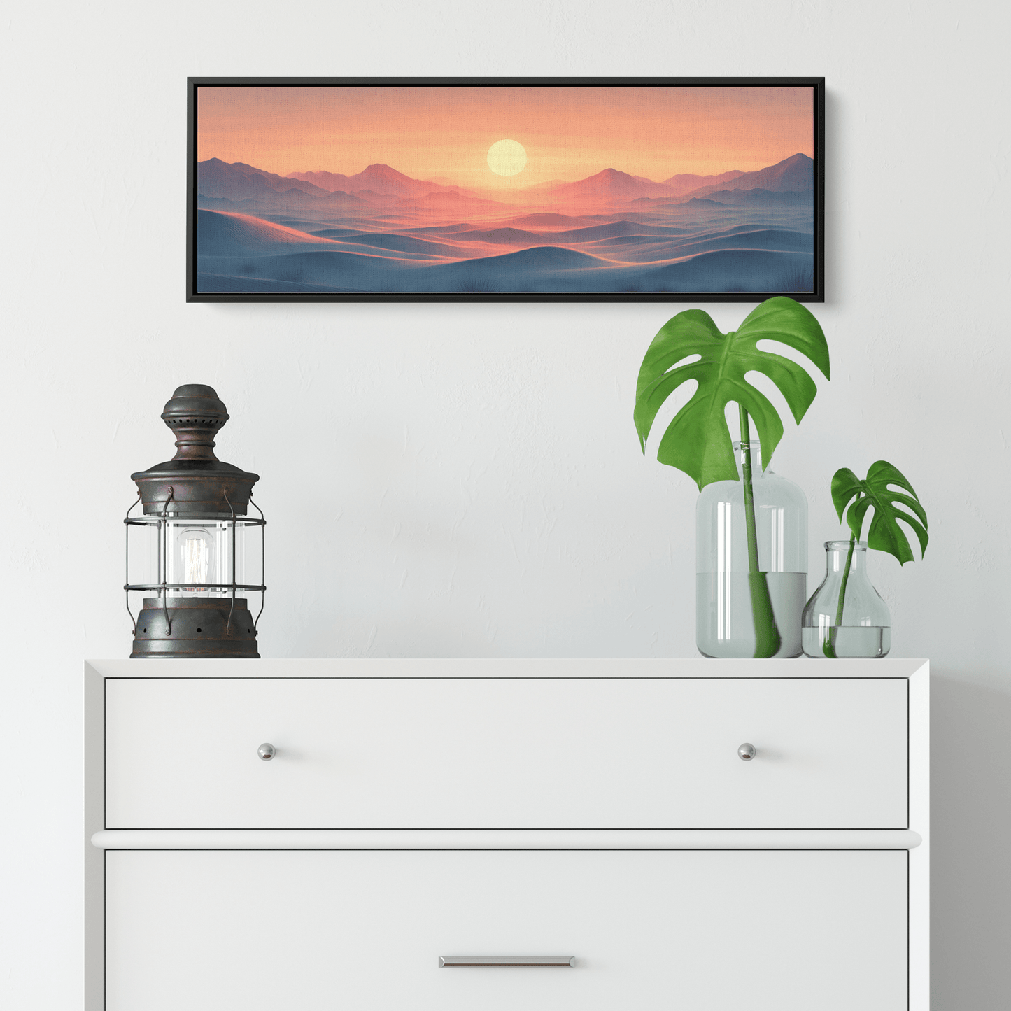 Muted Panoramic Illustration Flat Desert Plain Distant Hills Beige Sand Tones Ultra High Definition Minimalist Panoramic Framed Canvas Wall Art - Awakening Righteousness