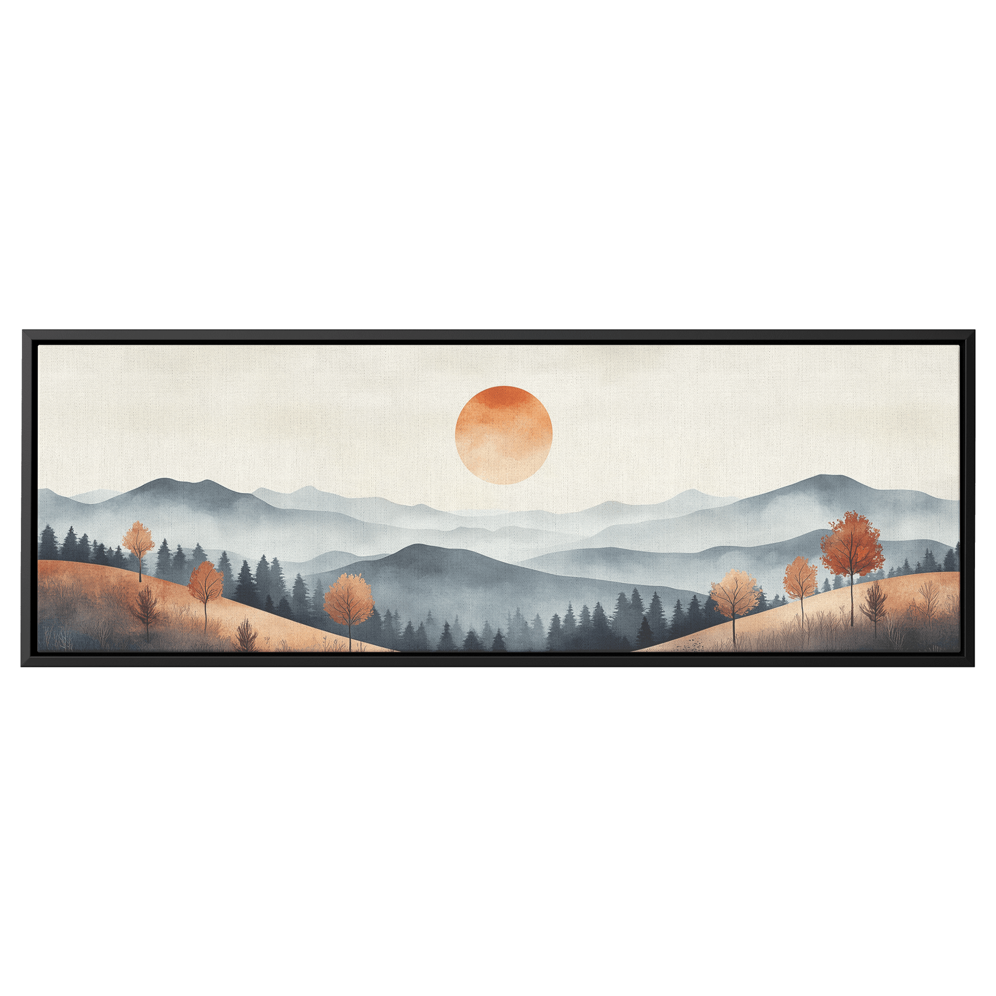 Muted Panoramic Illustration Gently Sloping Hills Sparse Tree Clusters Soft Brown Gray Tones Ultra High Definition Modern Minimalist Panoramic Framed Canvas Wall Art - Awakening Righteousness