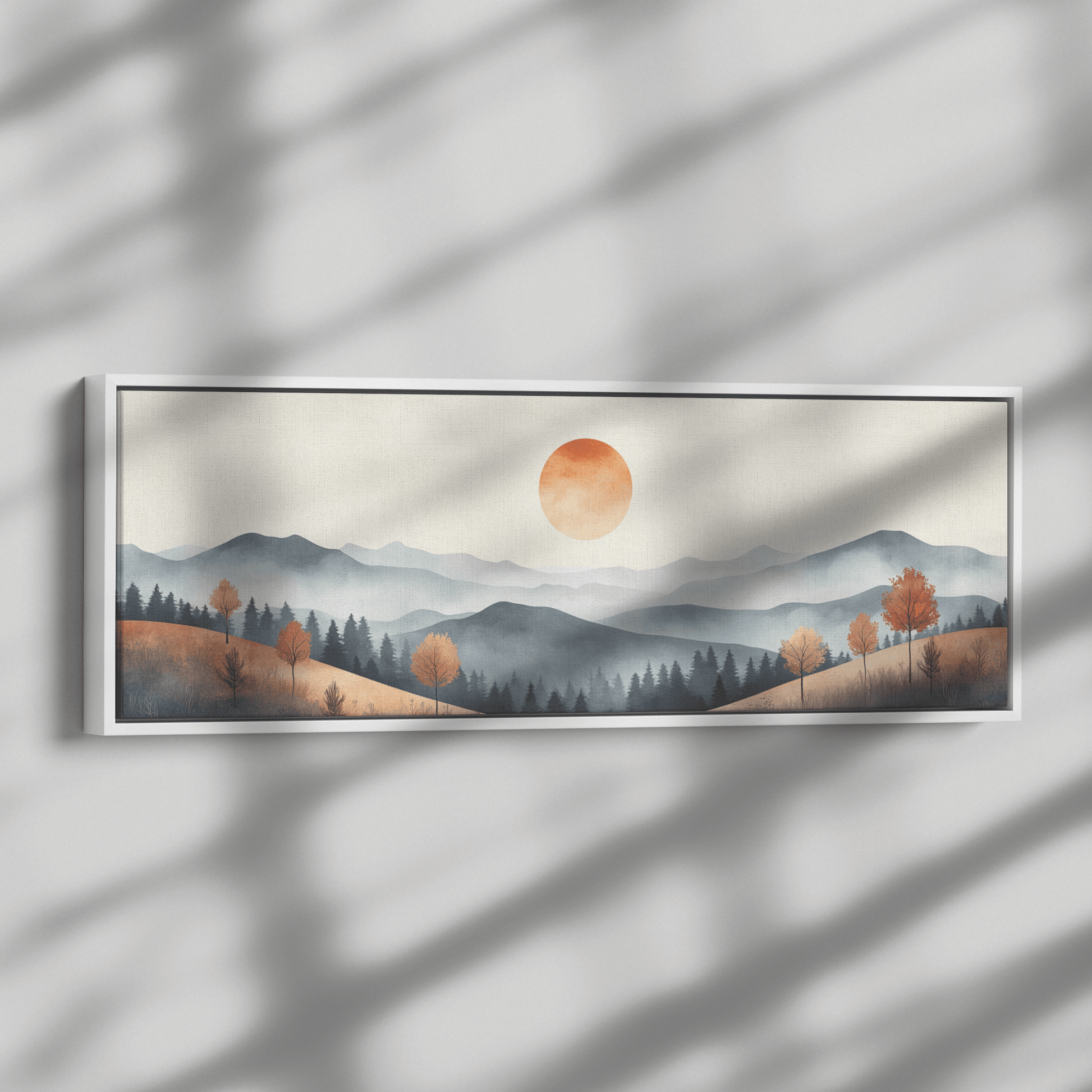 Muted Panoramic Illustration Gently Sloping Hills Sparse Tree Clusters Soft Brown Gray Tones Ultra High Definition Modern Minimalist Panoramic Framed Canvas Wall Art - Awakening Righteousness