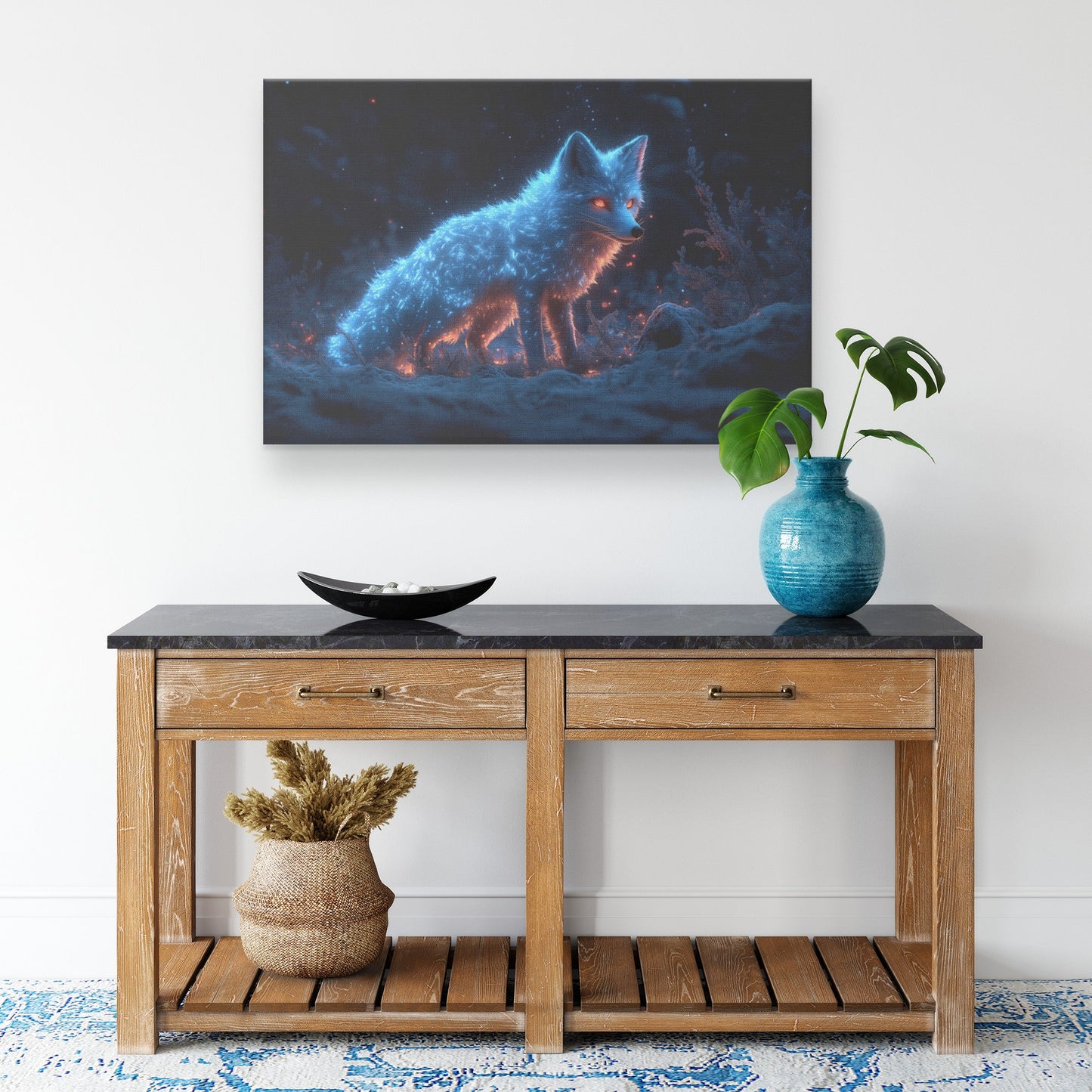 Mystical Glowing Fox in Bioluminescent Forest Moonlit Sky Intricate Fur Shimmering Plants Canvas Wall Art Decor For Home - Awakening Righteousness