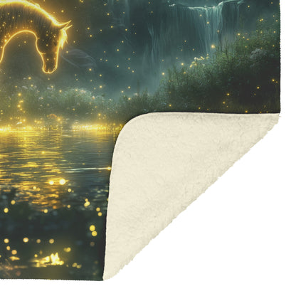 Mystical Glowing Horse in Magical Forest with Fireflies and Soft Glowing Plants Luminous Fleece Sherpa Blanket - Awakening Righteousness