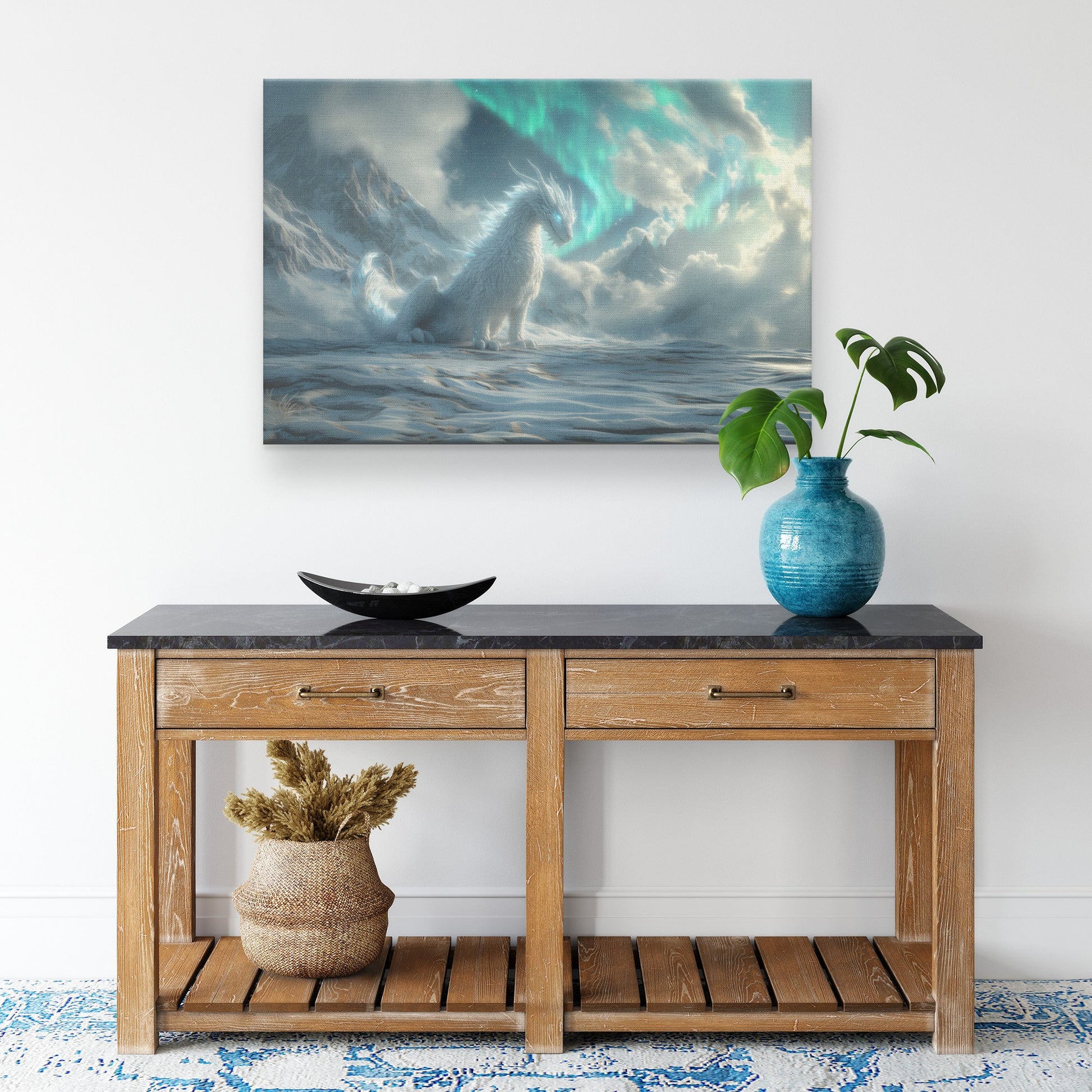 Mystical Ice Dragon Surrounded by Glowing Snowflakes in Frozen Landscape Under Aurora Borealis Canvas Wall Art Decor - Awakening Righteousness