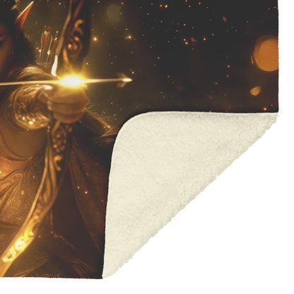 Night Elf Hunter Fleece Sherpa Blanket Glowing Bow Golden Mist Silver Light Elegant World of Warcraft Design - Awakening Righteousness