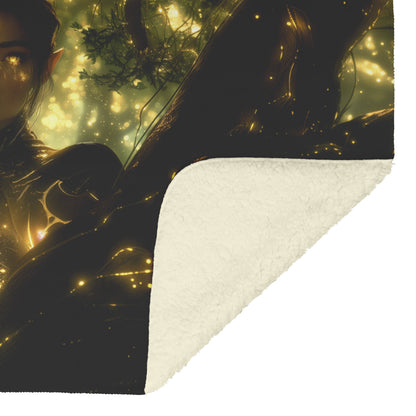 Night Elf Hunter Fleece Sherpa Blanket Glowing Runes Ancient Trees Golden Highlights Cascading Stars Elegant Powerful WoW Design - Awakening Righteousness