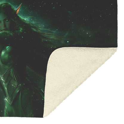 Night Elf Hunter Fleece Sherpa Blanket Green Silver Armor Glowing Bow Shimmering Stars Light Trails Majestic WoW Design - Awakening Righteousness