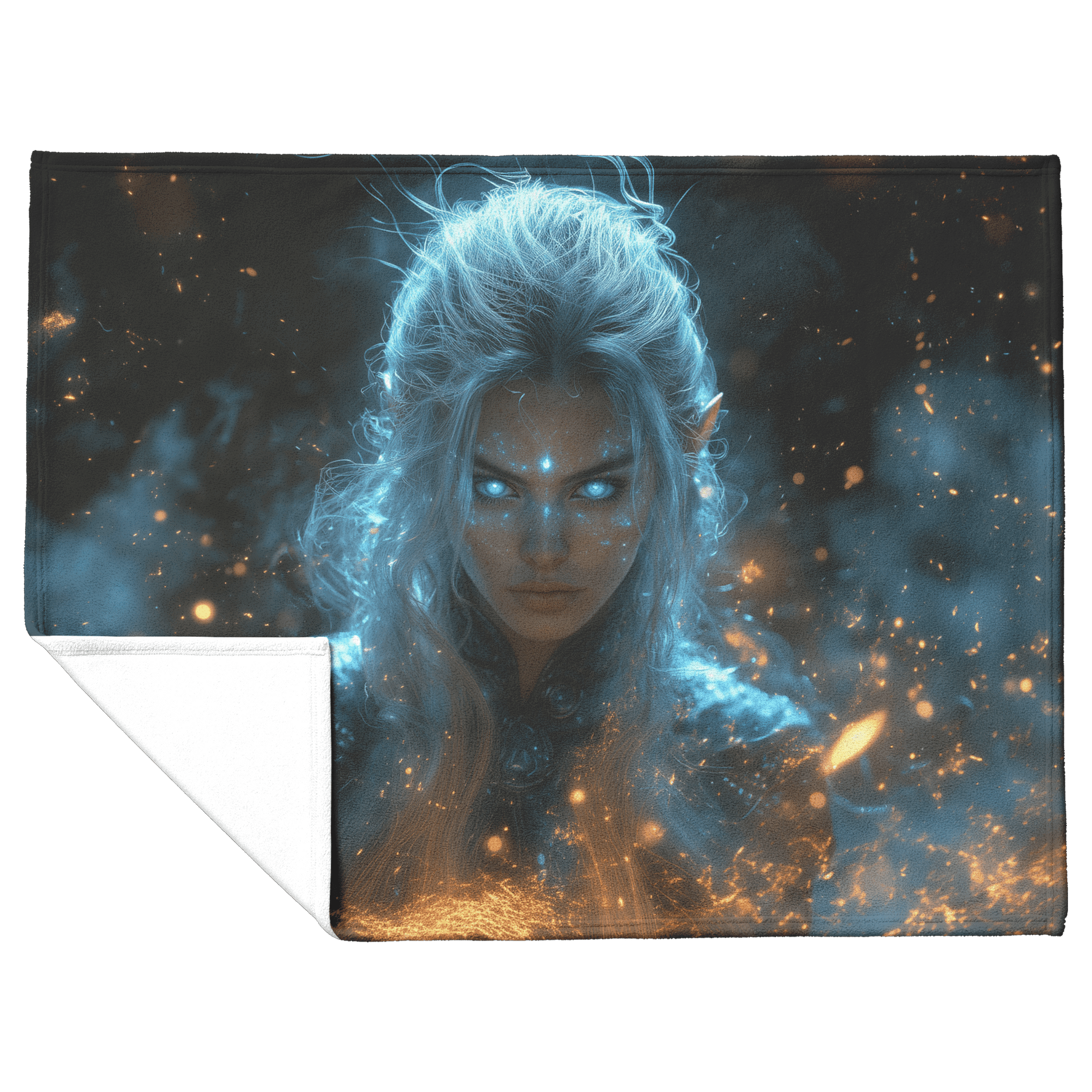 Night Elf Mage Fleece Sherpa Blanket Arcane Energy Silver Teal Highlights Shimmering Textures Cascading Stars Bold Dynamic WoW Design - Awakening Righteousness