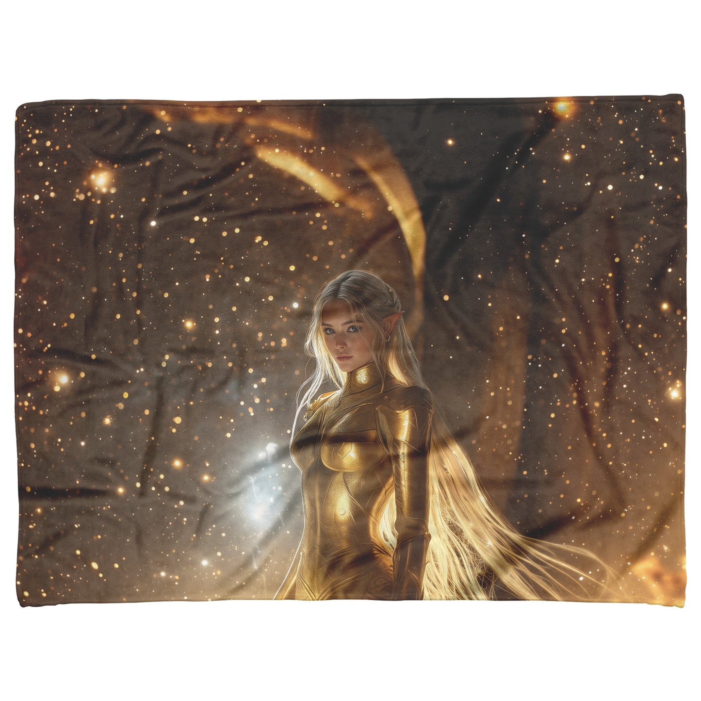 Night Elf Paladin Fleece Sherpa Blanket Golden Armor Shimmering Stars Cosmic Reflections Bold Serene WoW Design - Awakening Righteousness