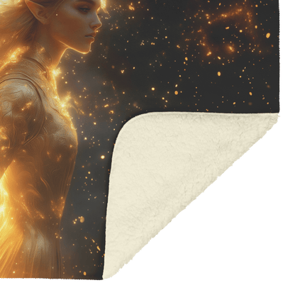 Night Elf Paladin Fleece Sherpa Blanket Golden Armor Shimmering Stars Cosmic Reflections Bold Serene WoW Design - Awakening Righteousness
