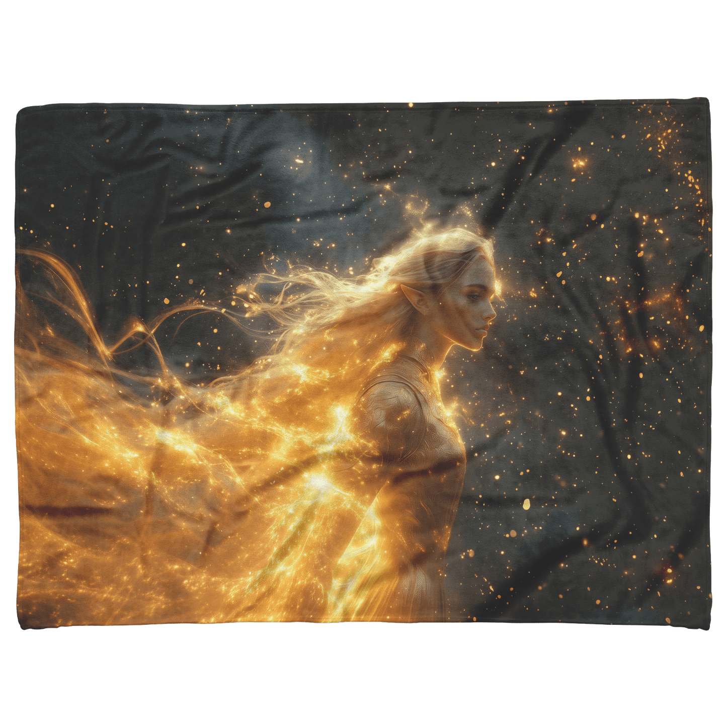 Night Elf Paladin Fleece Sherpa Blanket Golden Armor Shimmering Stars Cosmic Reflections Bold Serene WoW Design - Awakening Righteousness