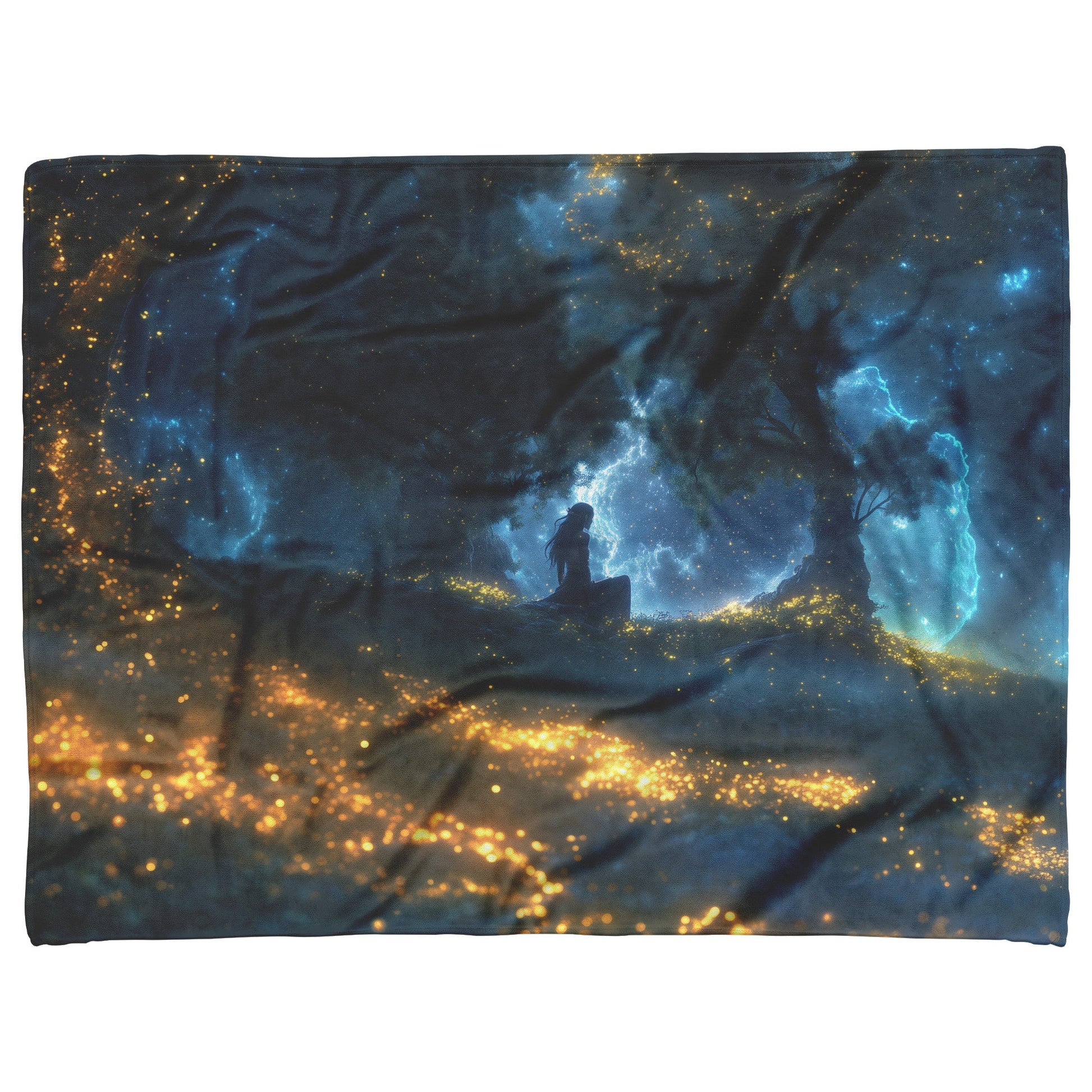 Night Elf Paladin Fleece Sherpa Blanket Moonlit Grove Shimmering Stars Golden Accents Tranquil Majestic Design - Awakening Righteousness