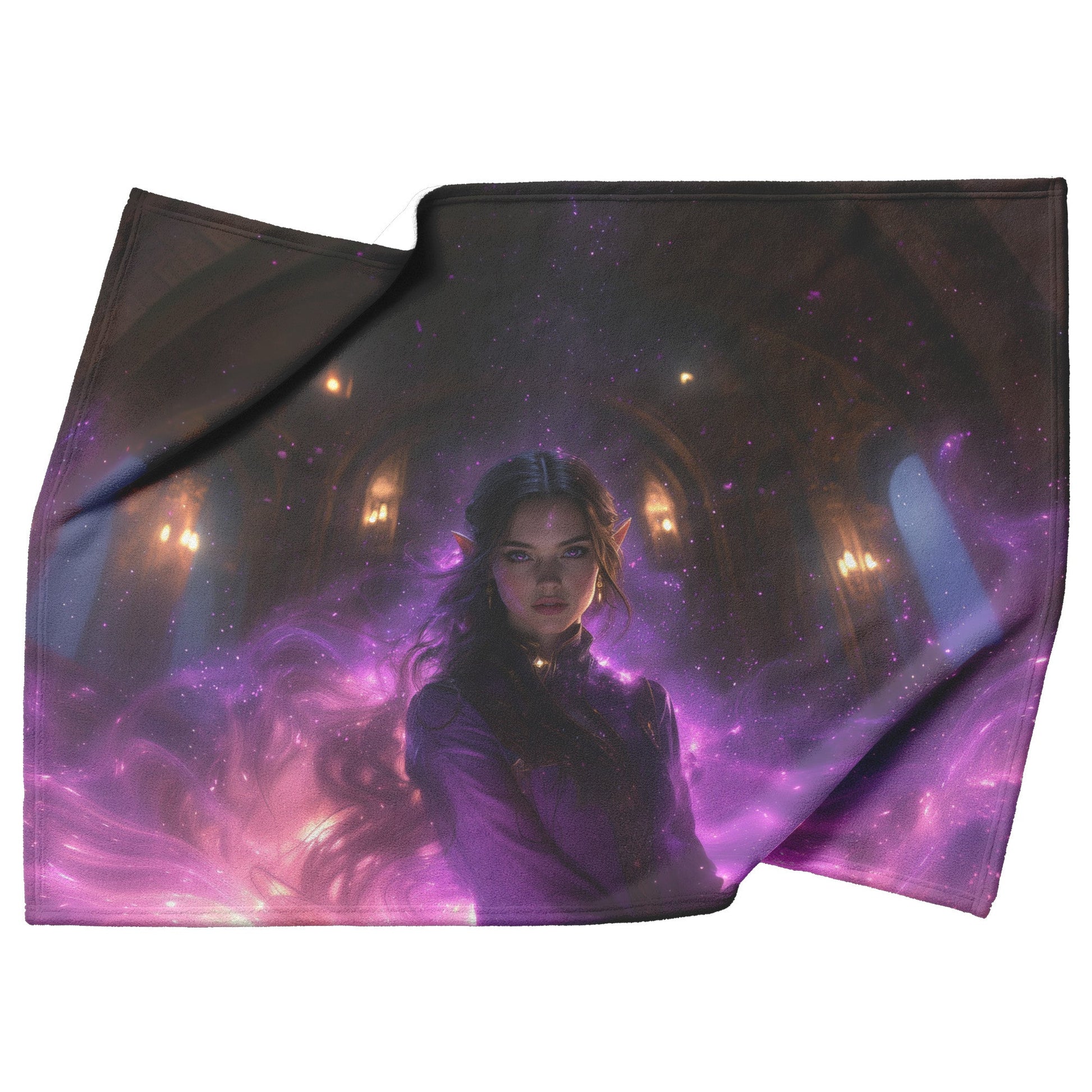 Night Elf Priest Fleece Sherpa Blanket Purple Gold Robes Shimmering Textures Radiant Stars Elegant Powerful Design - Awakening Righteousness