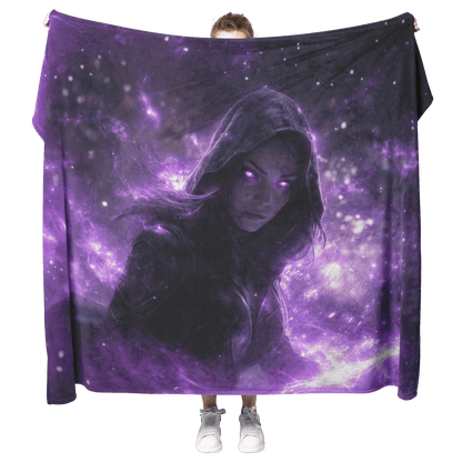 Night Elf Rogue Fleece Sherpa Blanket Black Leather Glowing Daggers Purple Mist Silver Light Bold Stealthy WoW Design - Awakening Righteousness