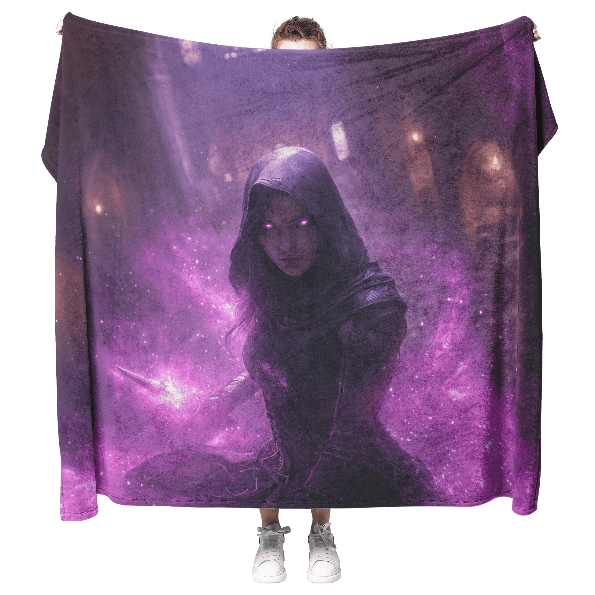 Night Elf Rogue Fleece Sherpa Blanket Black Leather Glowing Daggers Purple Mist Silver Light Bold Stealthy WoW Design - Awakening Righteousness