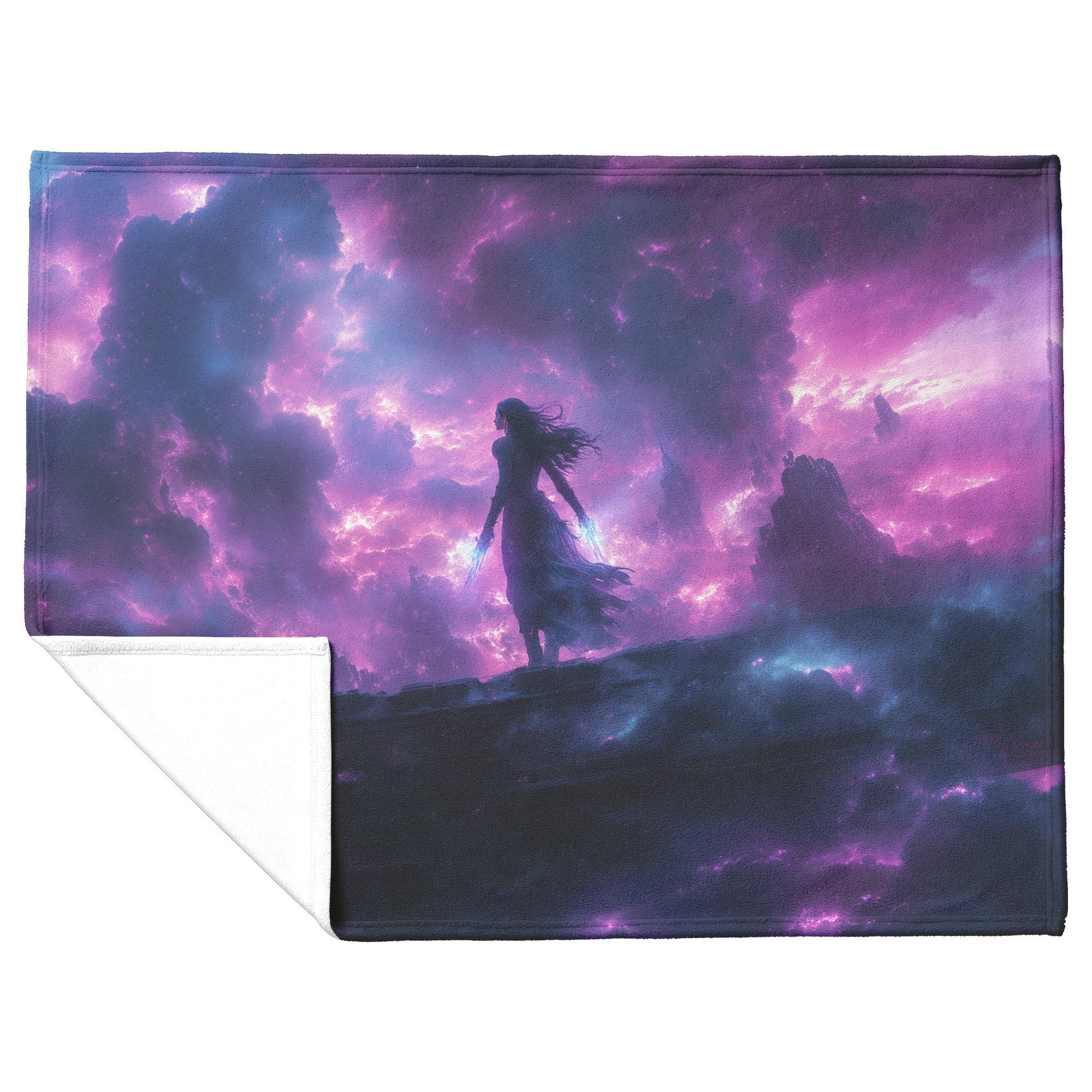 Night Elf Rogue Fleece Sherpa Blanket Rooftop Night Glowing Blades Cosmic Mist Stealthy Elegant WoW Design - Awakening Righteousness