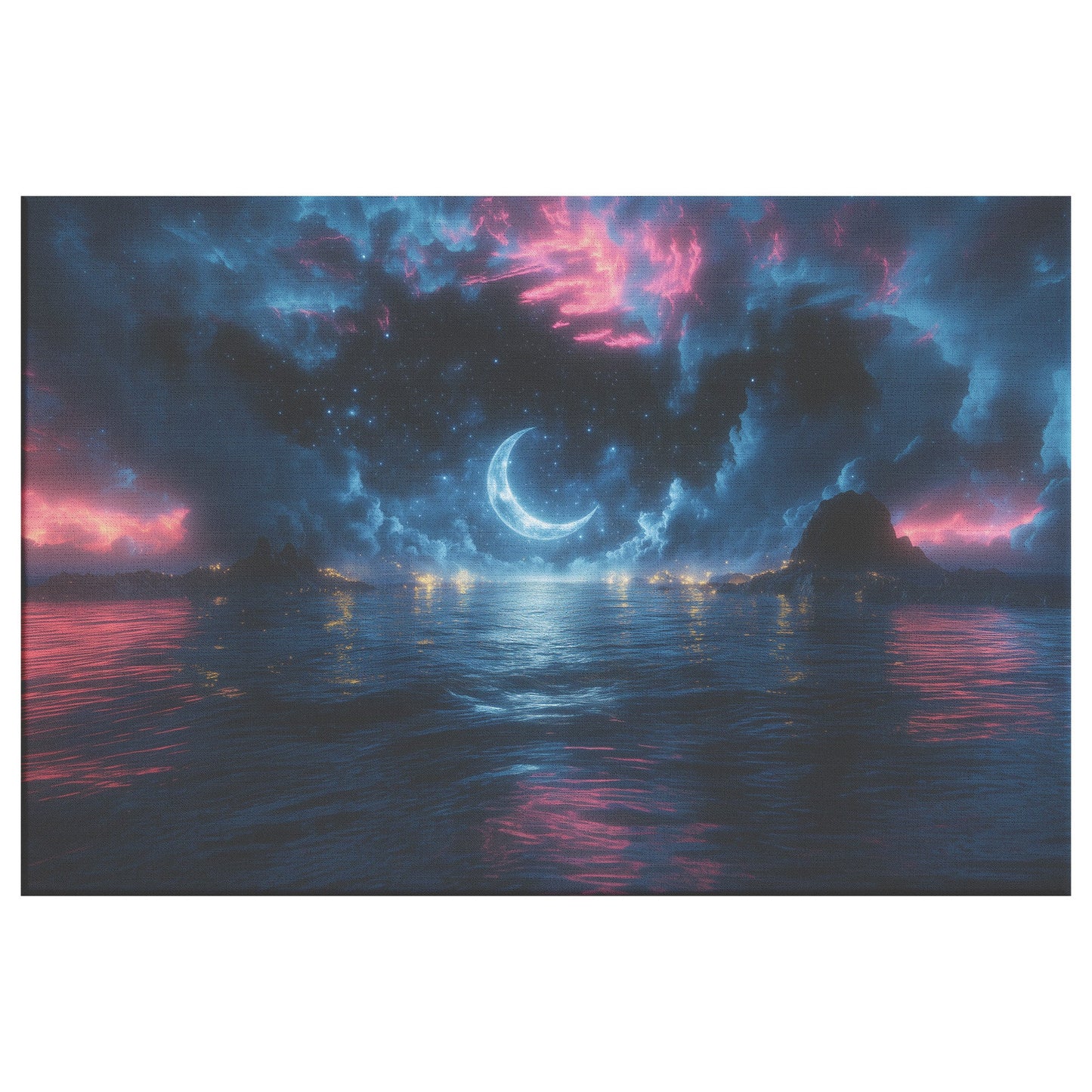 Night Ocean Scene Crescent Moon Silver Waves Stars Reflecting Deep Blue Surreal Glow Canvas Wall Art Decor - Awakening Righteousness