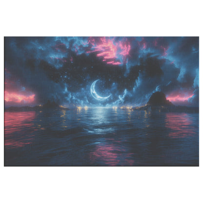 Night Ocean Scene Crescent Moon Silver Waves Stars Reflecting Deep Blue Surreal Glow Canvas Wall Art Decor - Awakening Righteousness
