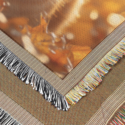 Orange Tabby Cat Surrounded by Glowing Autumn Leaves Under Warm Afternoon Sun with Intricate Fur Details Woven Throw Blanket - Awakening Righteousness