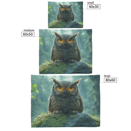 Owl with Glowing Feathers on Mossy Stone Fleece Sherpa Blanket Morning Mist Peaceful Woodland Scenery - Awakening Righteousness