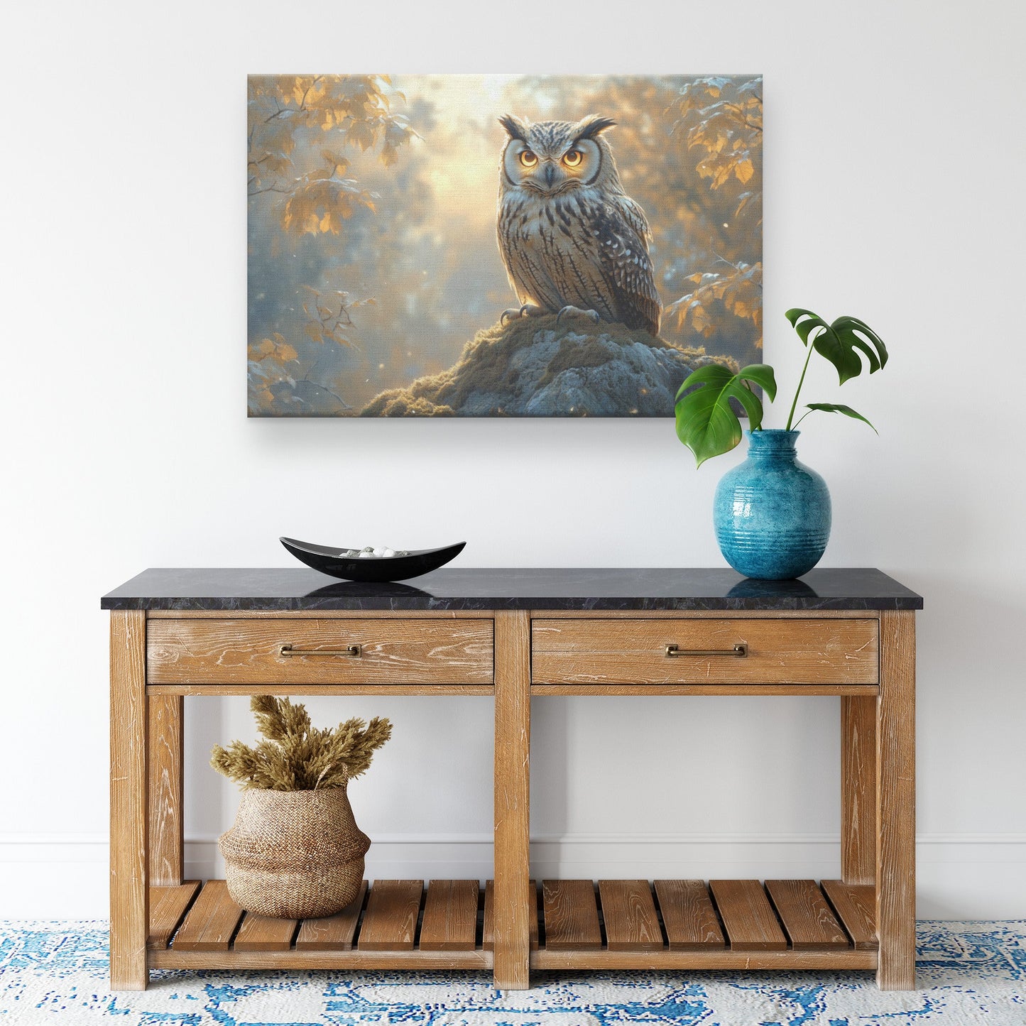 Owl with Intricate Glowing Feathers on Moss Covered Stone Under Morning Mist Peaceful Woodland Canvas Wall Art Decor - Awakening Righteousness