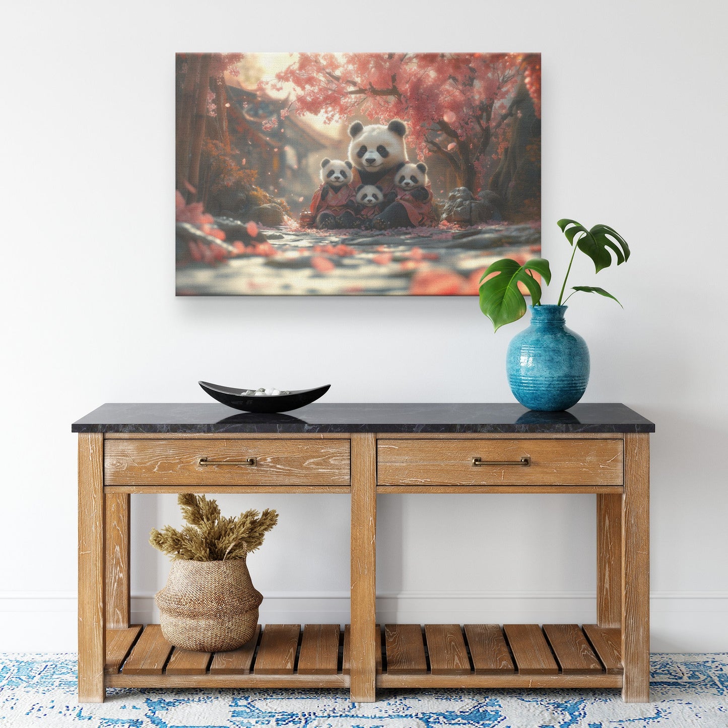 Panda Family Sitting Under Glowing Pink Cherry Blossom Tree Surrounded by Serene Natural Scenery Canvas Wall Art Decor - Awakening Righteousness