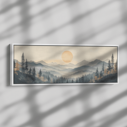 Panoramic Nature Illustration Muted Landscape Rolling Hills Beige Gray Taupe Tones Ultra High Definition Textured Minimalist Panoramic Framed Canvas Wall Art - Awakening Righteousness