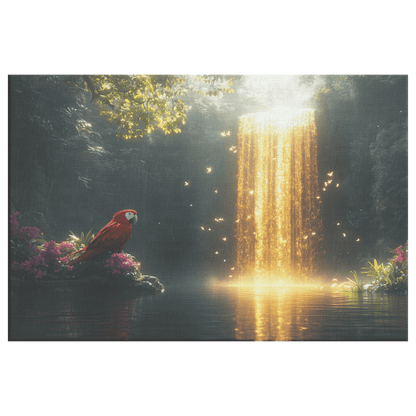 Parrot Near Glowing Crystal Waterfall Surrounded By Lush Plants And Golden Mist Canvas Wall Art Decor - Awakening Righteousness