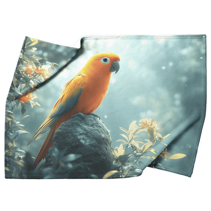 Parrot Perched on Ancient Glowing Stone Surrounded by Dense Mist and Bioluminescent Forest Plants Fleece Sherpa Blanket - Awakening Righteousness