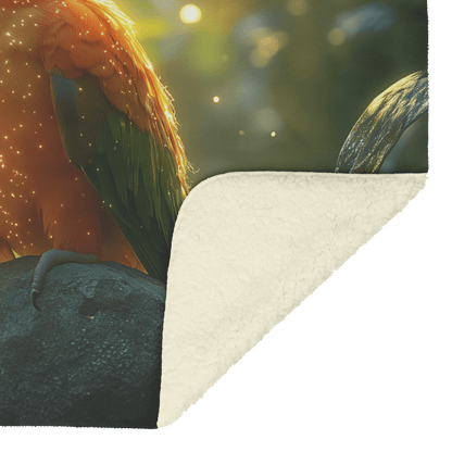 Parrot Perched on Ancient Glowing Stone Surrounded by Dense Mist and Bioluminescent Forest Plants Fleece Sherpa Blanket - Awakening Righteousness