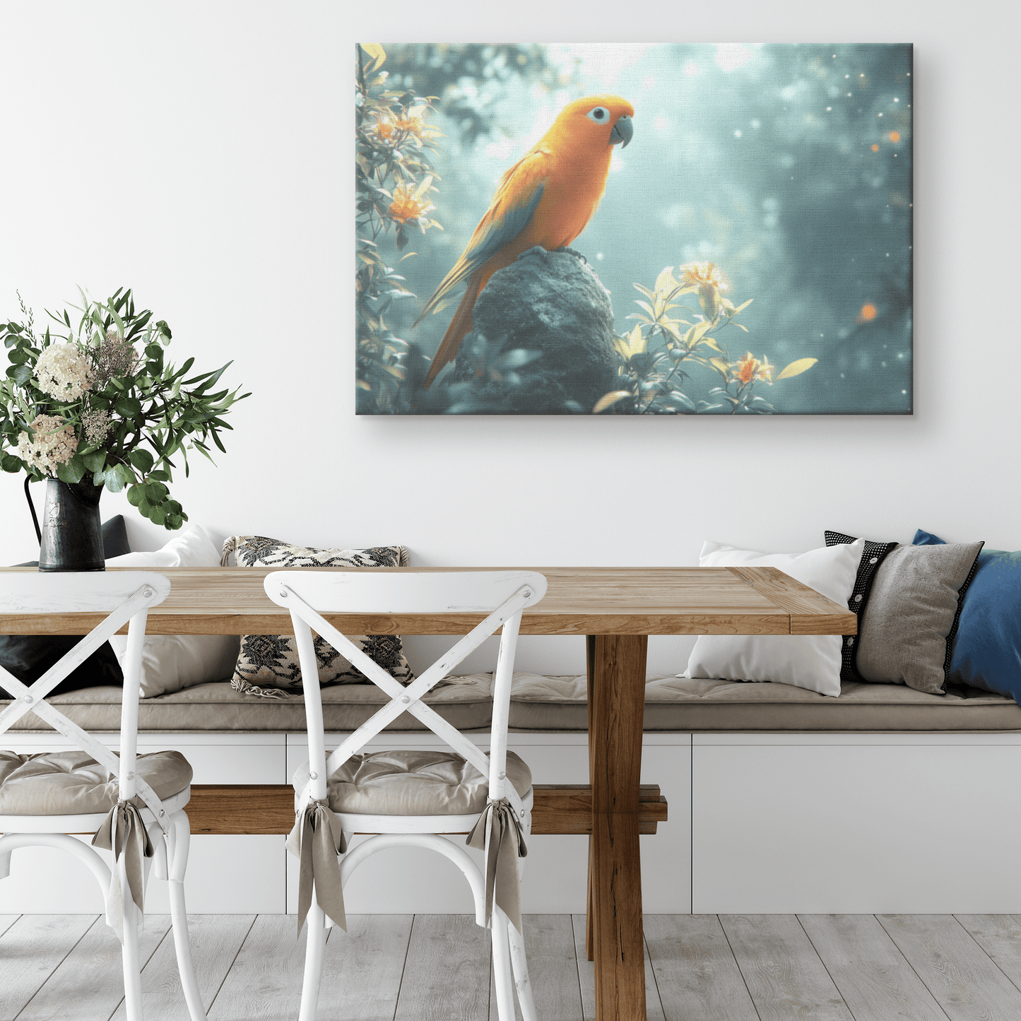 Parrot Perched On Ancient Glowing Stone Surrounded By Mist And Bioluminescent Forest Plants Canvas Wall Art Decor - Awakening Righteousness