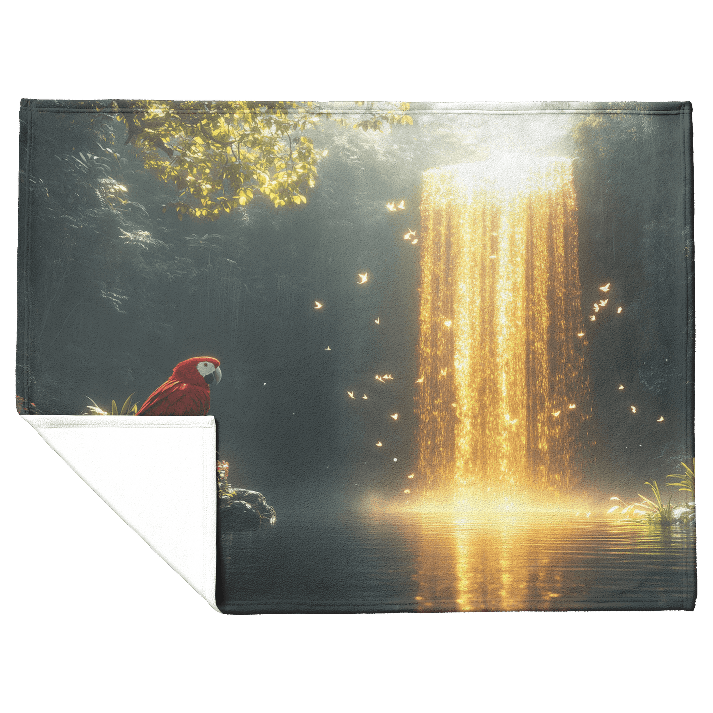 Parrot Sitting Near Glowing Crystal Clear Waterfall Surrounded by Lush Plants and Golden Mist Fleece Sherpa Blanket - Awakening Righteousness