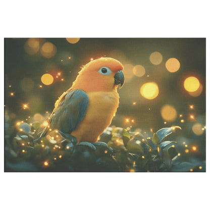 Parrot Surrounded By Glowing Fireflies In Magical Tropical Garden Peaceful And Ethereal Canvas Wall Art Decor - Awakening Righteousness