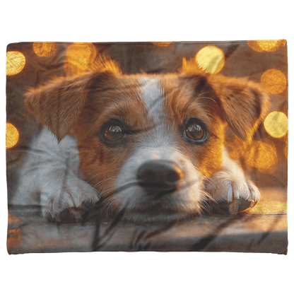 Parson Russell Terrier Lying on Wooden Deck Surrounded by Shimmering Golden Textures and Glowing Light Rays Fleece Sherpa Blanket - Awakening Righteousness