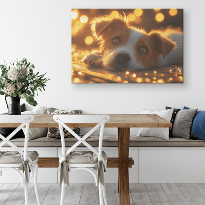 Parson Russell Terrier On Wooden Deck With Shimmering Golden Textures And Glowing Light Rays Canvas Wall Art Decor - Awakening Righteousness