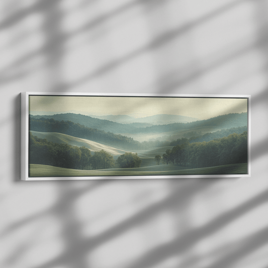 Peaceful Panoramic Artwork Rolling Hills Dense Forests Taupe Muted Green Tones Ultra High Definition Minimal Detailing Panoramic Framed Canvas Wall Art - Awakening Righteousness