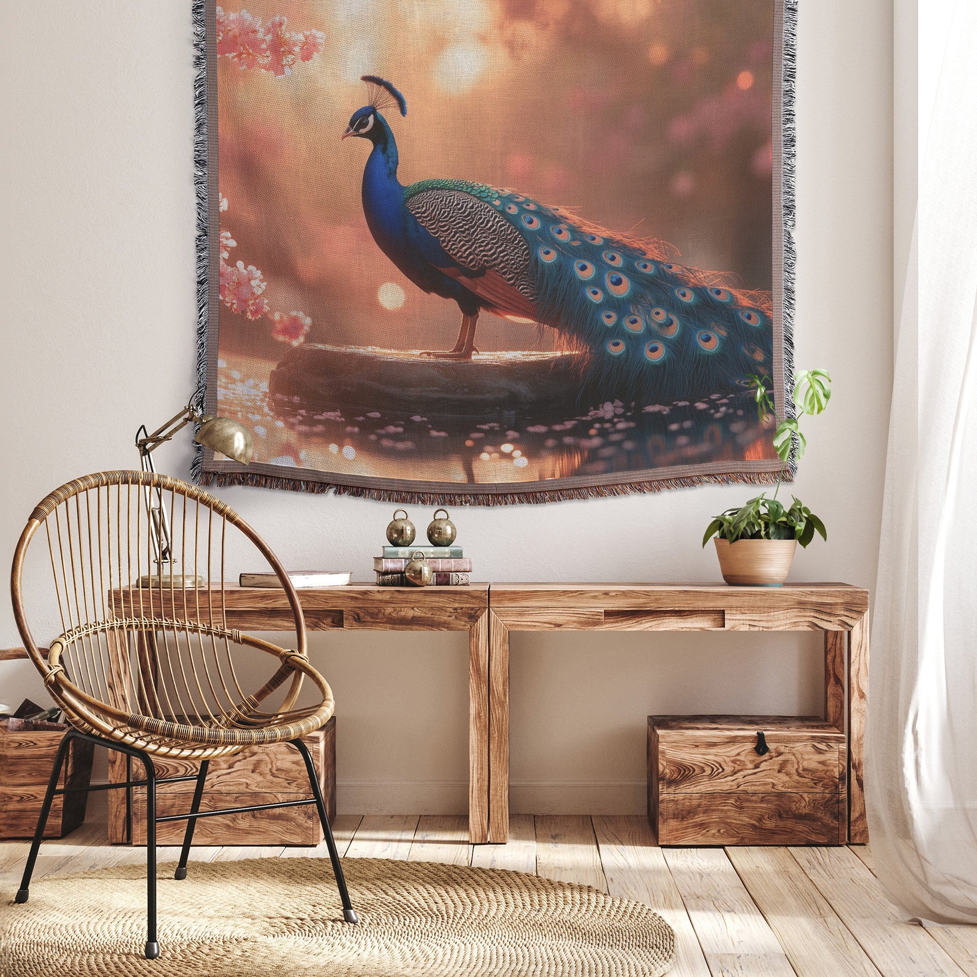 Peacock on Glowing Stone Fountain Surrounded by Cherry Blossoms with Shimmering Water Under Golden Light Woven Throw Blanket - Awakening Righteousness