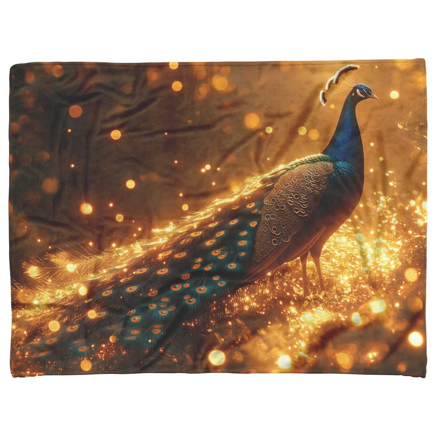 Peacock Spreading Radiant Tail Feathers in Glowing Forest with Fireflies and Soft Golden Mist Fleece Sherpa Blanket - Awakening Righteousness
