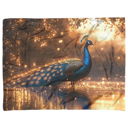 Peacock with Glowing Iridescent Feathers by Crystal Pond Reflecting Under Twilight Sky Fleece Sherpa Blanket - Awakening Righteousness