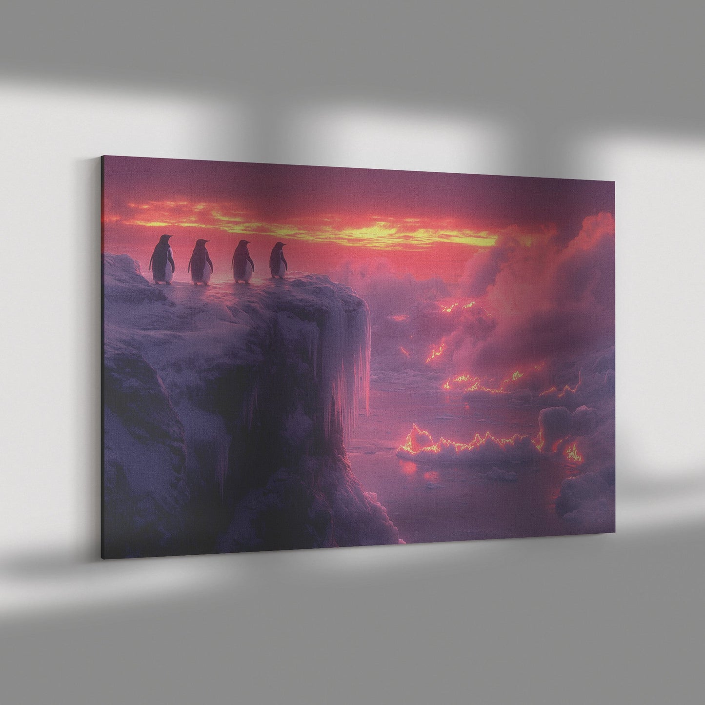 Penguin Colony on Arctic Cliff Glowing Crystal Ice Rich Natural Scenery Canvas Wall Art Decor - Awakening Righteousness